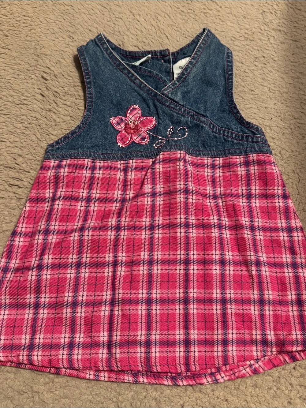Vintage Sesame Street Pink ELMO embroidery Y2K Denim Dress PLAID 18 Month Floral
